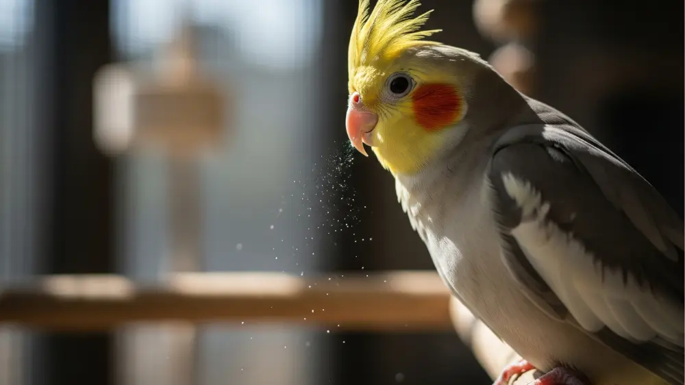オカメインコが羽ばたいた瞬間に、無数に舞い散る白い脂粉のクローズアップ