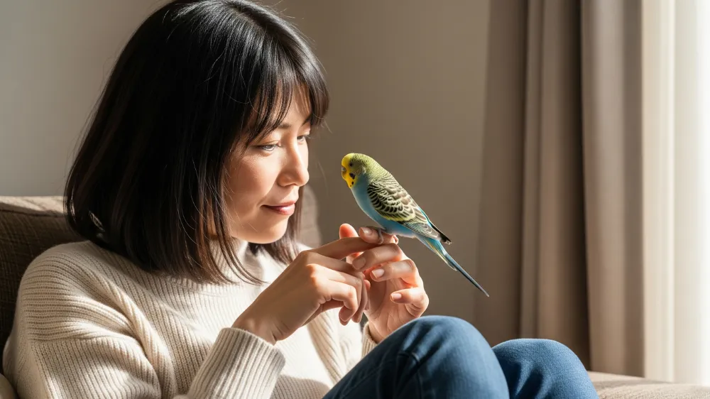 愛鳥と深い絆を築いた日本人女性飼い主とセキセイインコの信頼関係を表した画像