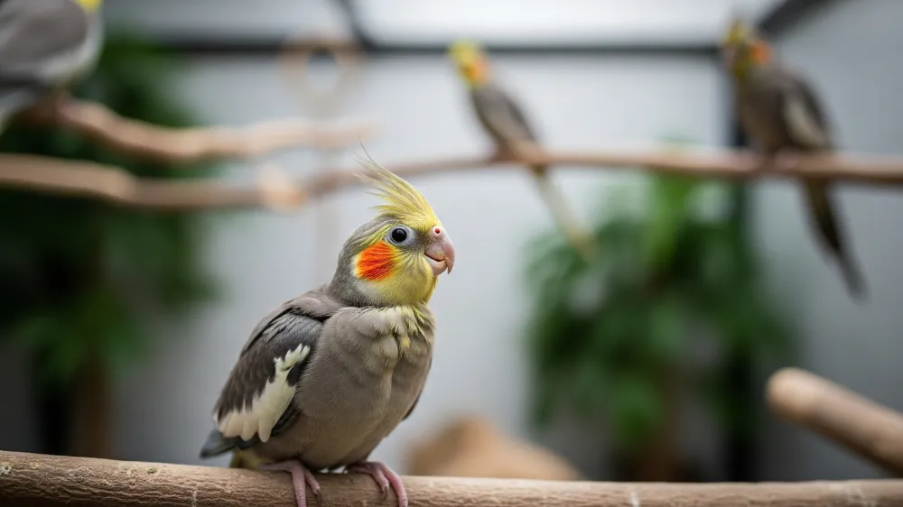 生後3ヶ月のオカメインコのヒナが、オス鳴きの練習でおしゃべりや歌を歌い始めている愛らしい様子