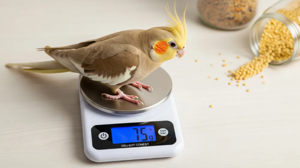 オカメインコがT字の止まり木に乗ったデジタルスケールで体重を測定している