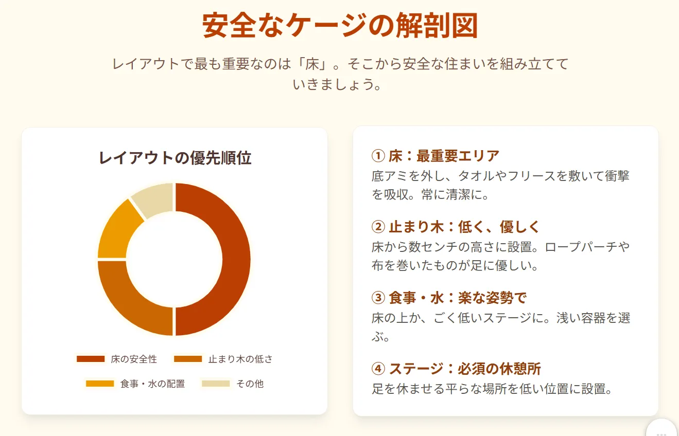 愛情のこもった安全な老鳥ケージで穏やかな表情で過ごす高齢のオカメインコ。幸せなシニアライフを象徴する一枚