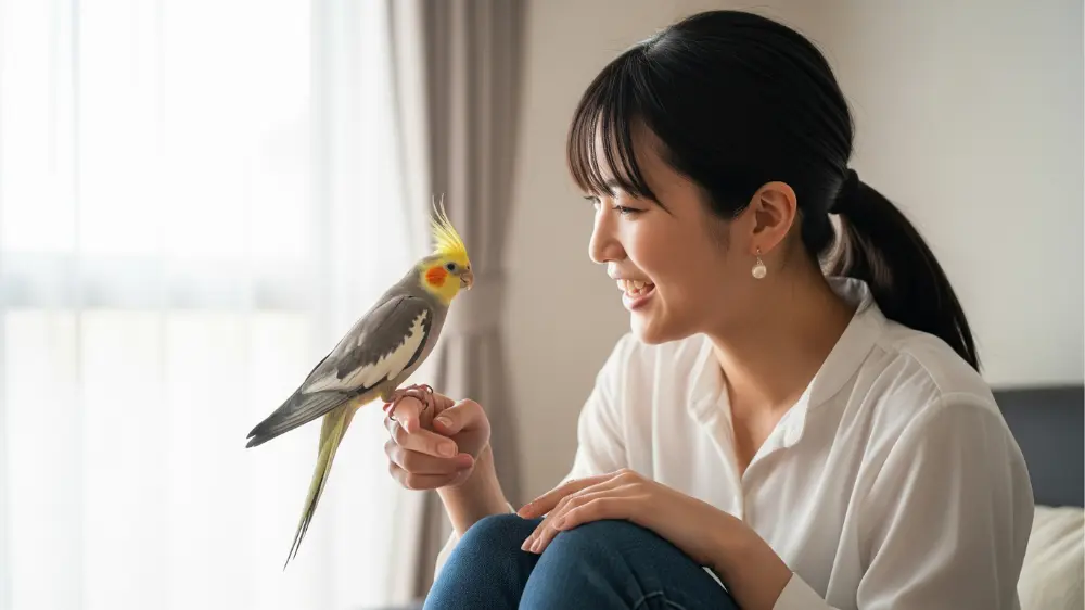 夕日を背景に飼い主の肩に乗り、親愛の表情を見せるオカメインコ