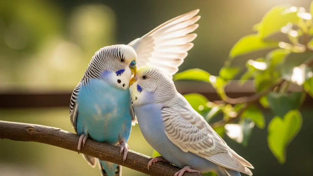 発情期を迎え、いつもと違う鳴き方や行動を見せるオスのセキセイインコとメスのセキセイインコ