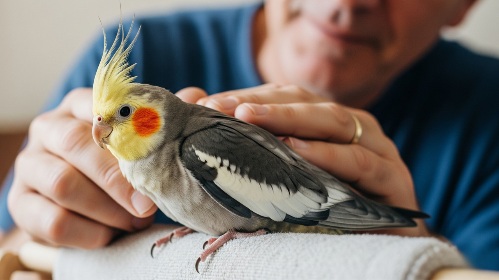 老化のサインが見られるシニア期のオカメインコを優しくケアする飼い主