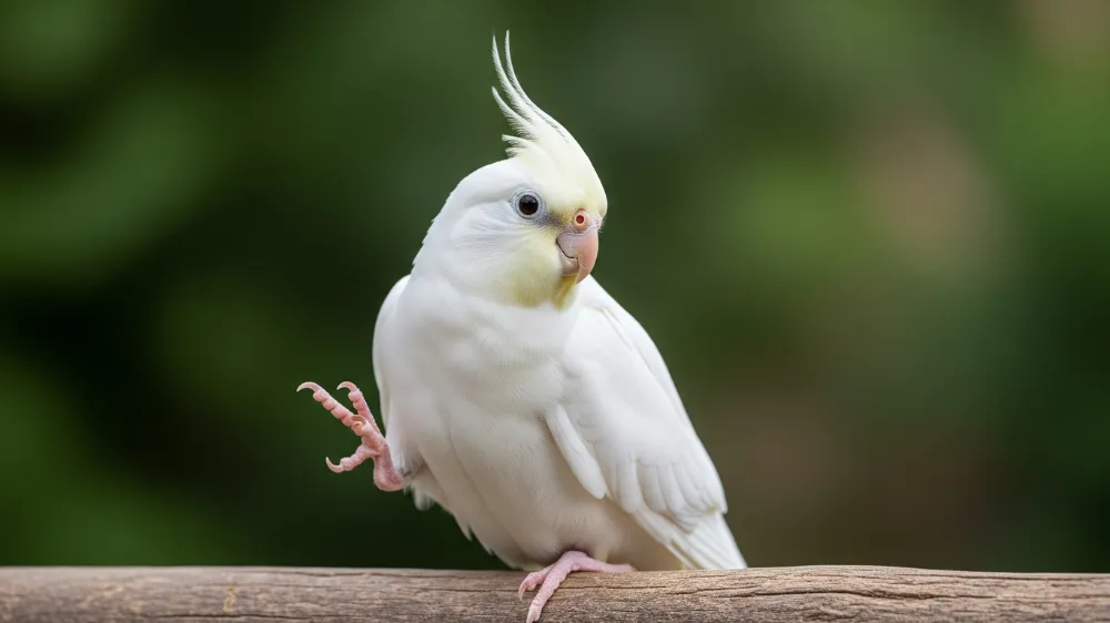 飼い主の指先で優雅に片足をあげて「握手」の芸をするメスのオカメインコ