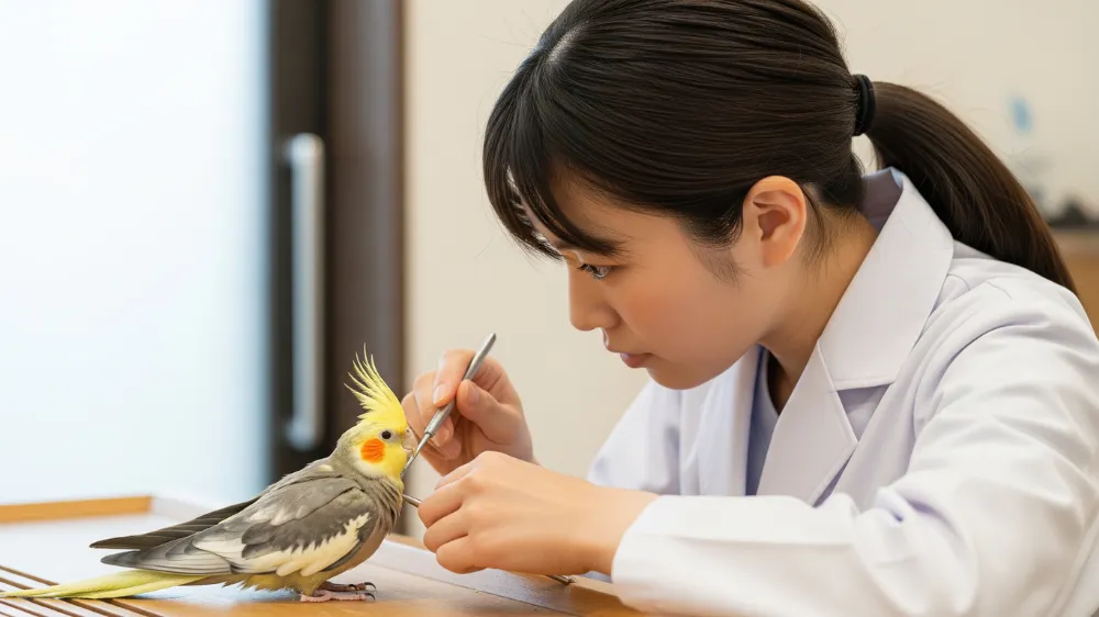 動物病院で獣医師に健康診断をしてもらっているオカメインコ