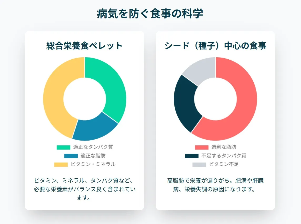 栄養バランスが考慮されたペレットと、数種類のシードが入った餌入れ