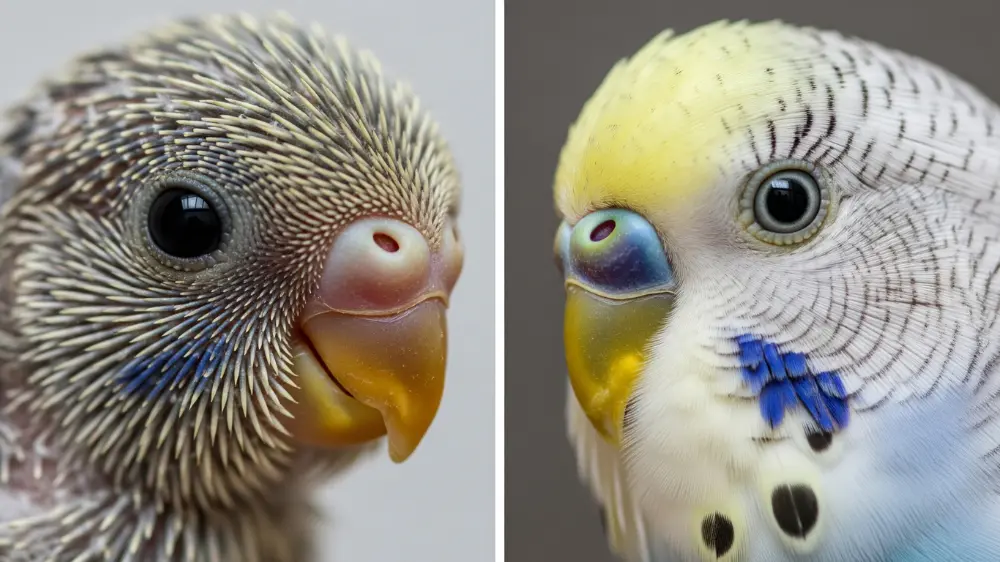 セキセイインコの雛（目が黒い）と成鳥（虹彩リングが白い）の目の比較アップ画像。