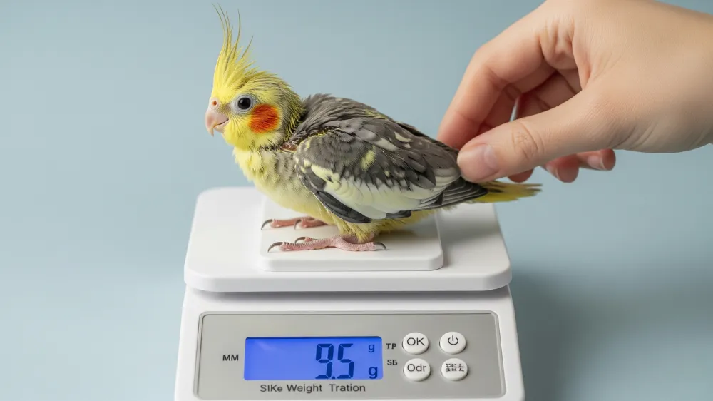 生後1ヶ月オカメインコ雛の体重管理。0.1g単位のデジタルスケールで体重測定する様子。