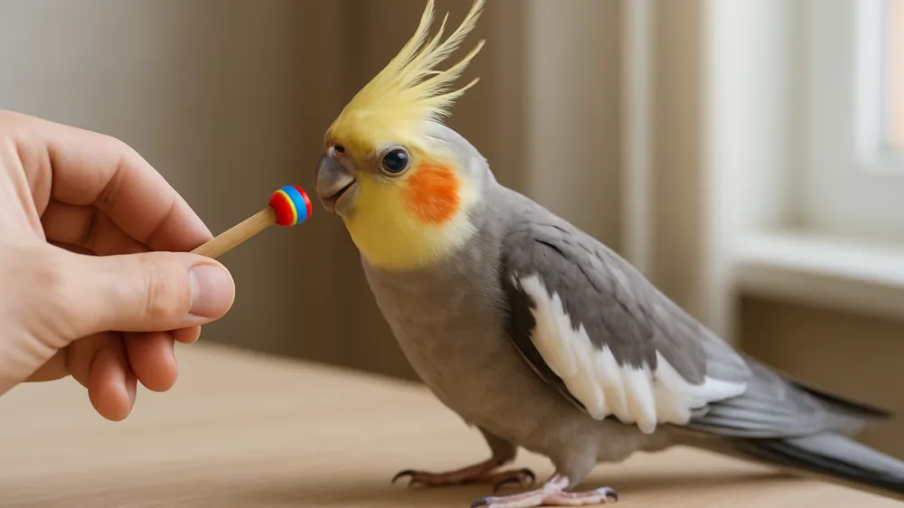 ターゲットスティックの先端を熱心にくちばしでタッチするオカメインコ