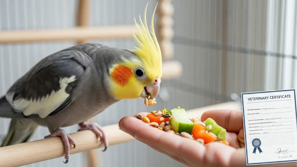 長寿の秘訣であるペレット食と獣医師の健康診断を受けるオカメインコ