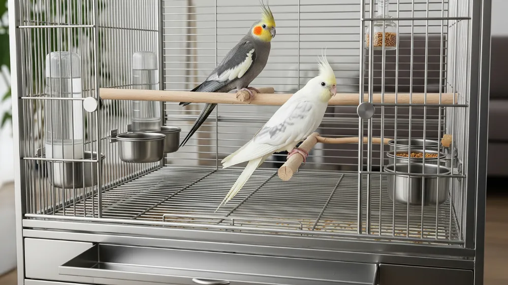 部屋の中に置かれた様々なサイズのオカメインコ用ケージと、それを選ぶ飼い主