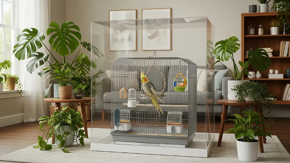 アクリルケージを設置したリビングで、オカメインコと飼い主が快適に過ごしている様子。防音効果により近隣に配慮した理想的な飼育環境