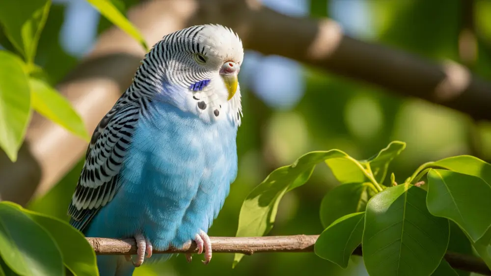 シニア期のセキセイインコの穏やかな表情。老鳥のケアで安らかに過ごす様子。