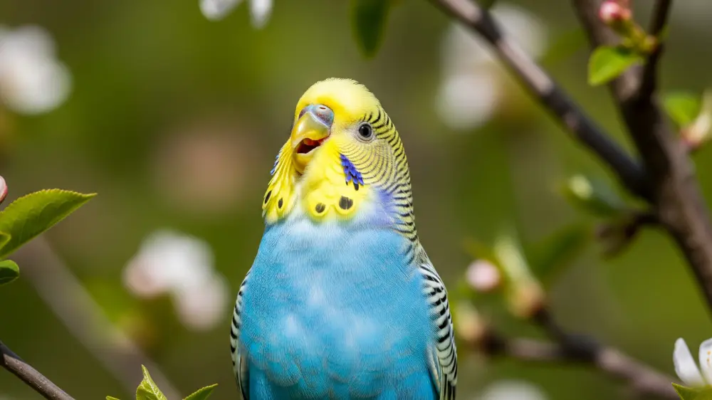 頭を上下に振りながら「ピュロロピュロロ」と甘える鳴き声でさえずるオスのセキセイインコ