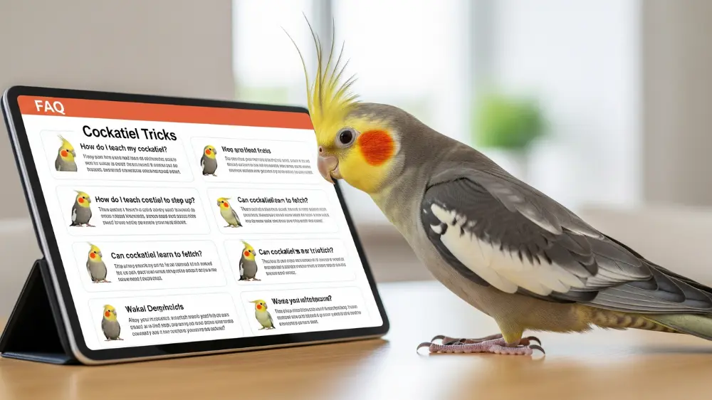 疑問符の吹き出しの前で首をかしげる可愛らしいオカメインコ