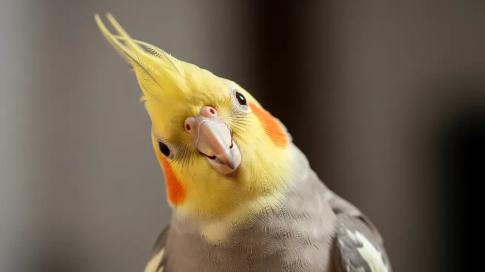 歌やおしゃべりの後に胸を張り、ドヤ顔を決めるオカメインコの画像