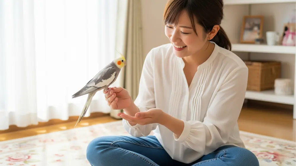 飼い主の肩にとまり、愛情のこもった表情で見つめ合うオカメインコ