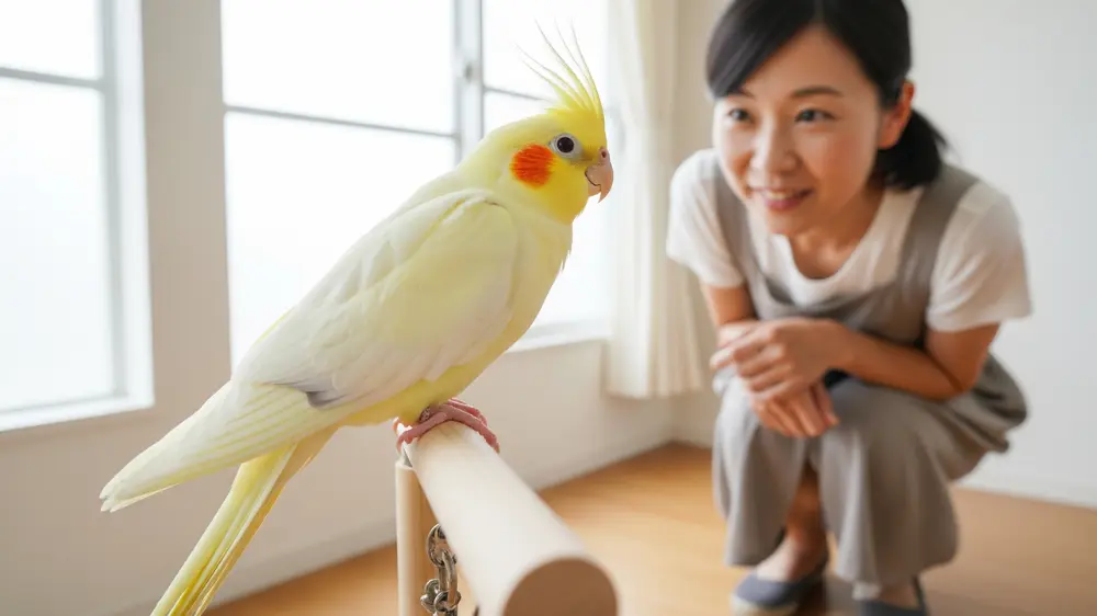 飼い主に美しい歌声を聞かせるルチノーオカメインコのオス