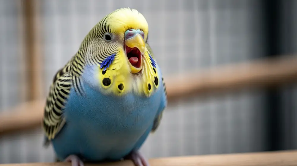苦しそうに開口呼吸するセキセイインコ。鳴き声がおかしい時に見られる危険な症状の例。