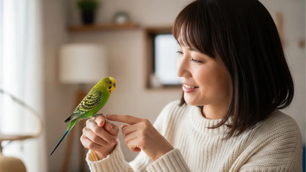 飼い主の指に優しく寄り添い、深い信頼関係を示すセキセイインコの温かい写真