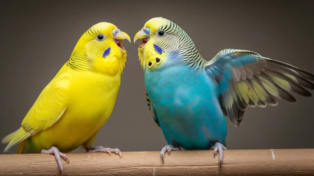 様々な鳴き声で気持ちを伝えるセキセイインコ。ポジティブ・ネガティブな感情表現の種類と意味を解説するイメージ画像。