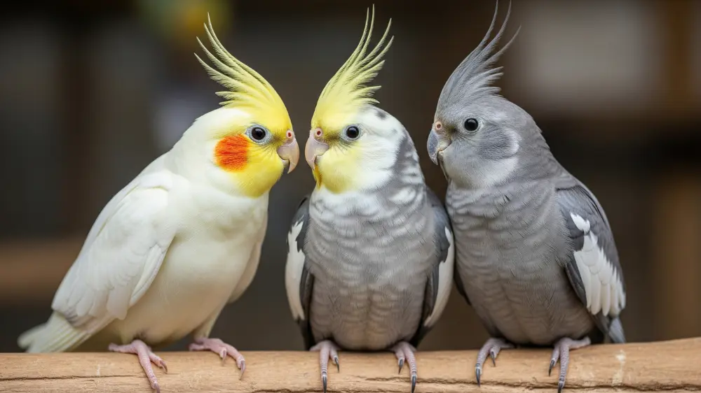 異なる品種のオカメインコ（ルチノー、パイド、ノーマルグレー）が仲良く並んでいる写真