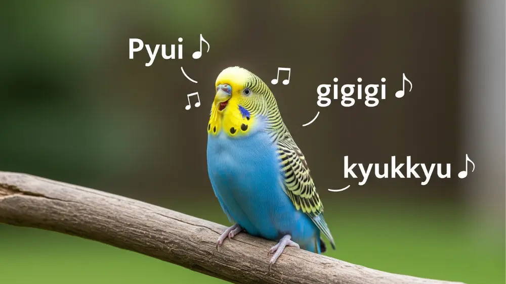 様々な鳴き声で気持ちを伝えるセキセイインコ。音符と鳴き声の種類が周りを舞うイラスト