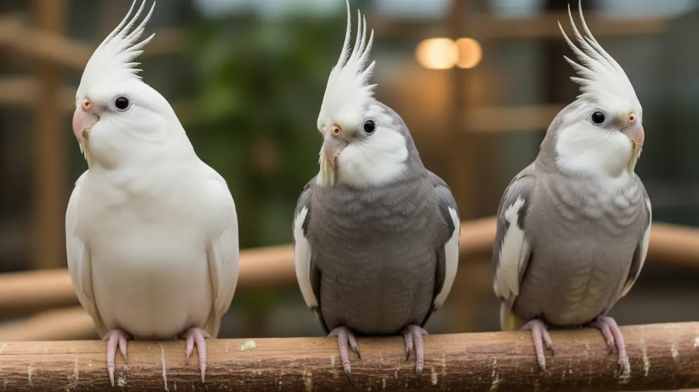 翼を広げて求愛ポーズ（鯵の開き）をするオカメインコ・ホワイトフェイスのオス