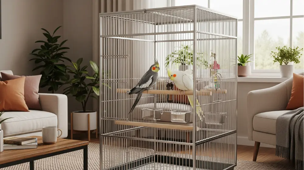 オカメインコ用ケージのレイアウトと組み立て作業風景。止まり木や水入れの配置が重要