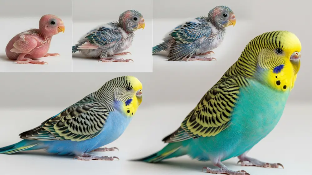 セキセイインコの雛から成鳥までの成長過程を並べた写真