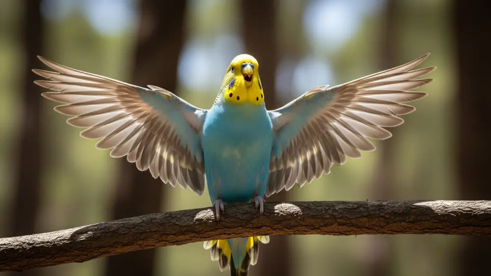 オスのセキセイインコが縄張り主張をしながら力強く鳴いている場面。翼を広げて威厳のある姿勢で鳴く様子