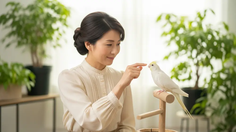 ケージ内でペレットを食べるオカメインコ・ホワイトフェイス。初心者向けの正しい飼い方と栄養管理を解説。