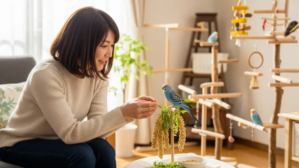 発情期を理解し、適切な対策を実施することで、飼い主とセキセイインコの両方が快適に過ごせる環境を整えた理想的な飼育風景