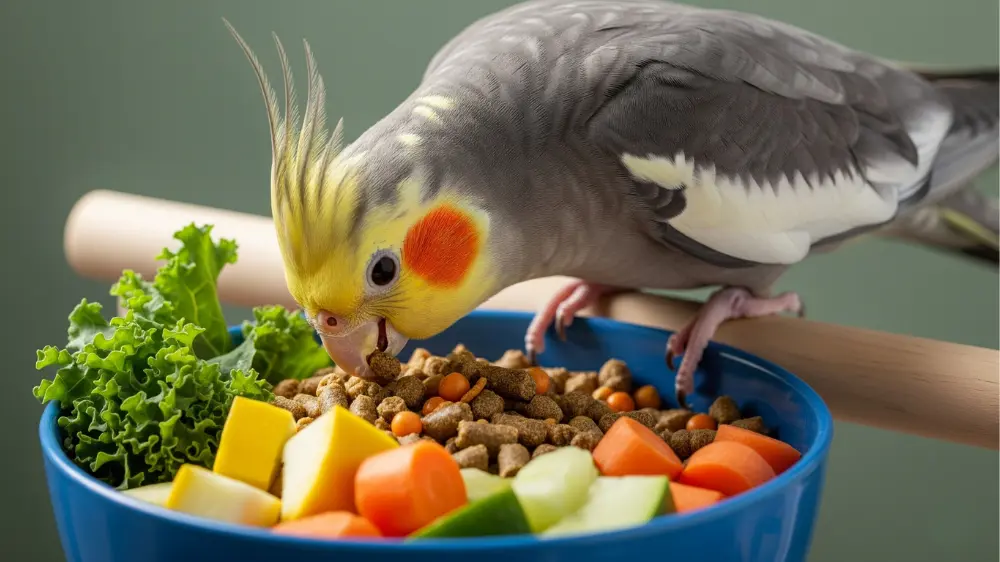 餌入れいっぱいの栄養満点なペレットを食べる健康的なオカメインコ