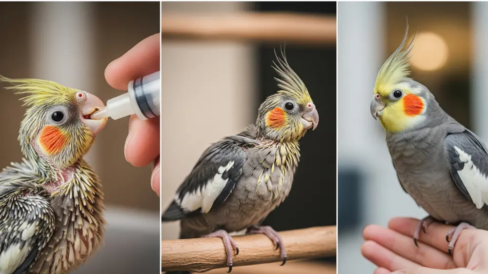 挿し餌中の雛から手乗り完成した成鳥まで、オカメインコの成長段階3パターンの画像