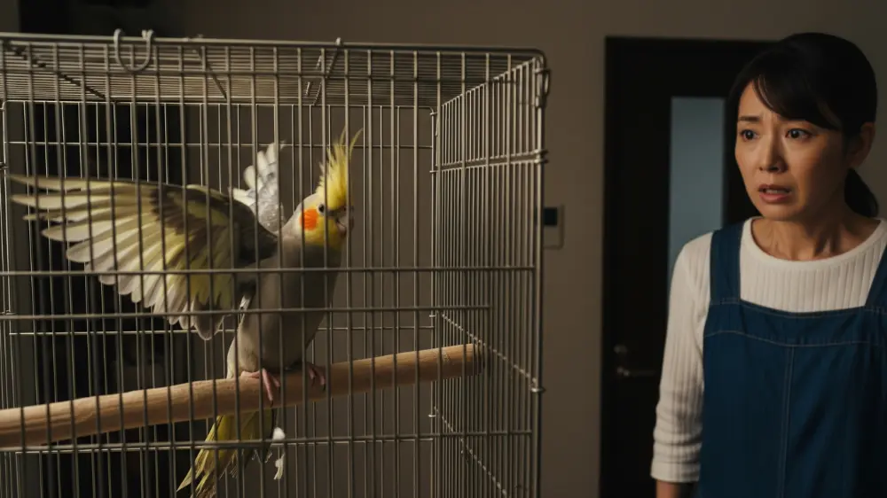ケージ内で激しく暴れてパニックを起こしているオカメインコと、心配そうに見守る飼い主