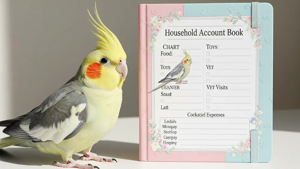 積み上げられたコインとオカメインコ。生涯かかる高額な飼育費用を象徴している。