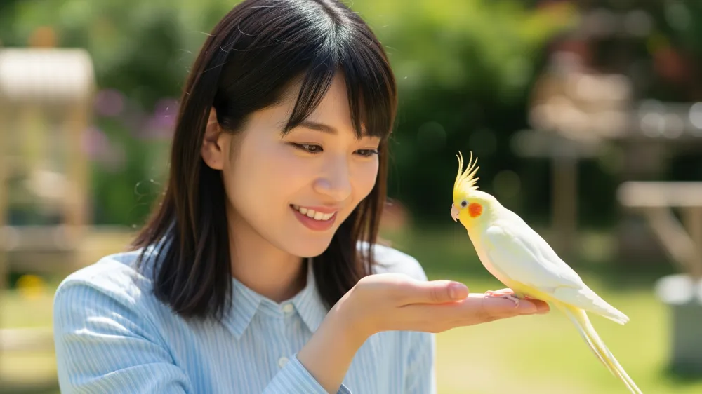 オカメインコルチノーのオスと優しく触れ合う女性飼い主