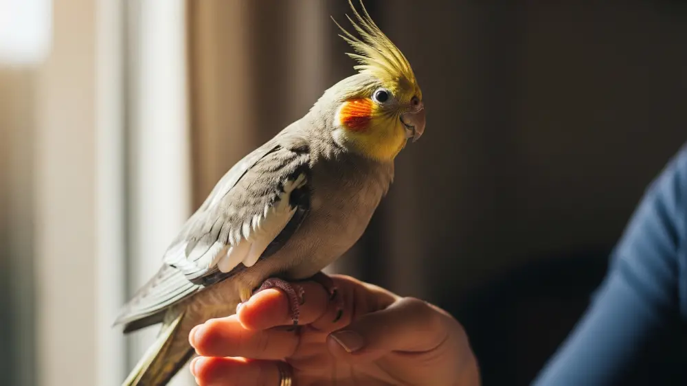 片足で止まり木に掴まる高齢のオカメインコ。長生きした鳥の穏やかな表情と、老鳥ケアの重要性を示唆している。