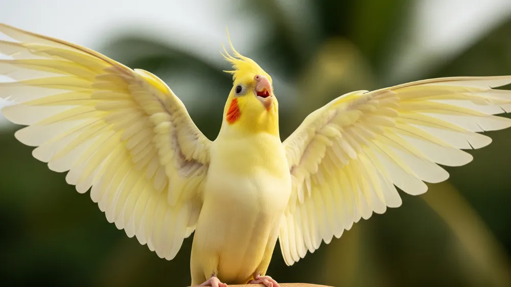 翼をハート型に広げて求愛行動をするオカメインコルチノーのオス