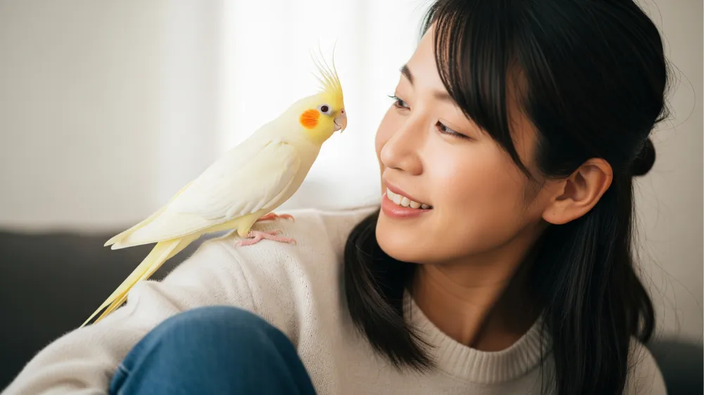 飼い主の肩にとまり、愛情のこもった表情で見つめ合うルチノーオカメインコ
