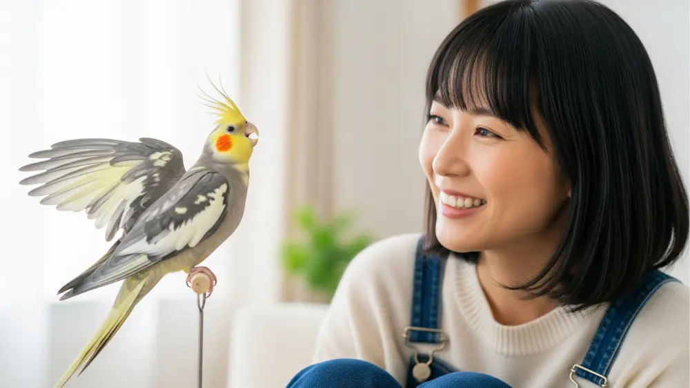 ドヤ顔で声高らかに歌い上げるオカメインコをうれしそうに見つめる洋装の日本人女性飼い主の画像