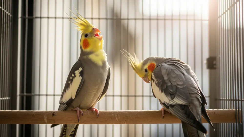 止まり木で仲良く並ぶオカメインコのオスとメス