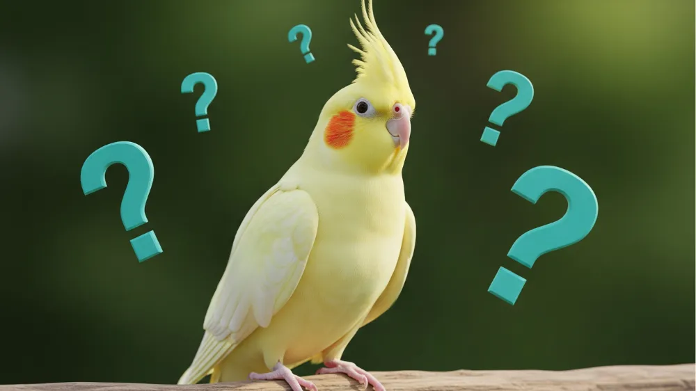 疑問符を見つめるオカメインコルチノー
