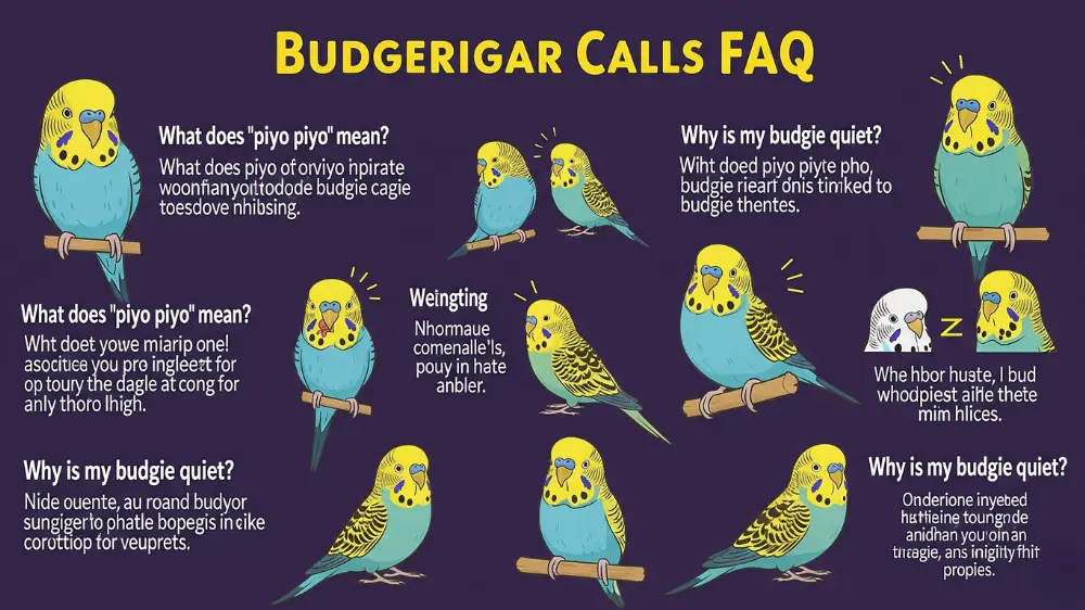 セキセイインコの鳴き声に関する疑問に答えるFAQ形式のイラスト