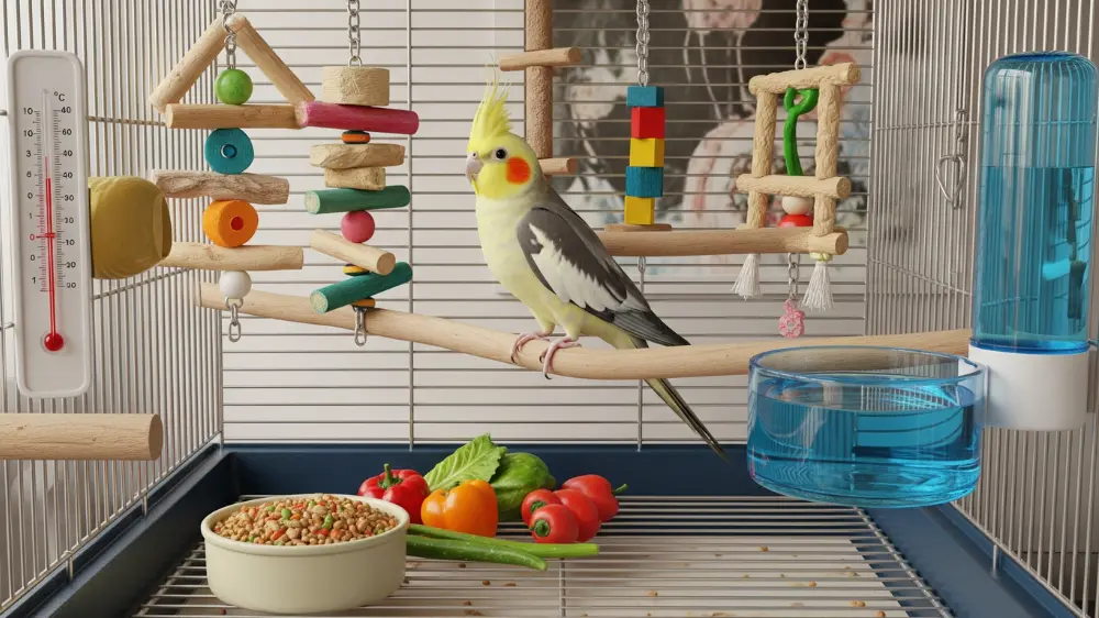 オカメインコが長生きするために重要な5つの要素（食事・環境・健康管理・運動・衛生）のイラスト