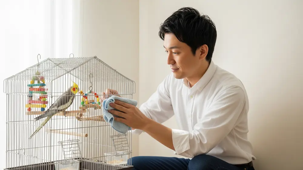 脂粉を吸い込まないための日常的な清掃テクニック。マスクを着用し、湿らせた布で拭き掃除をするのがポイント。