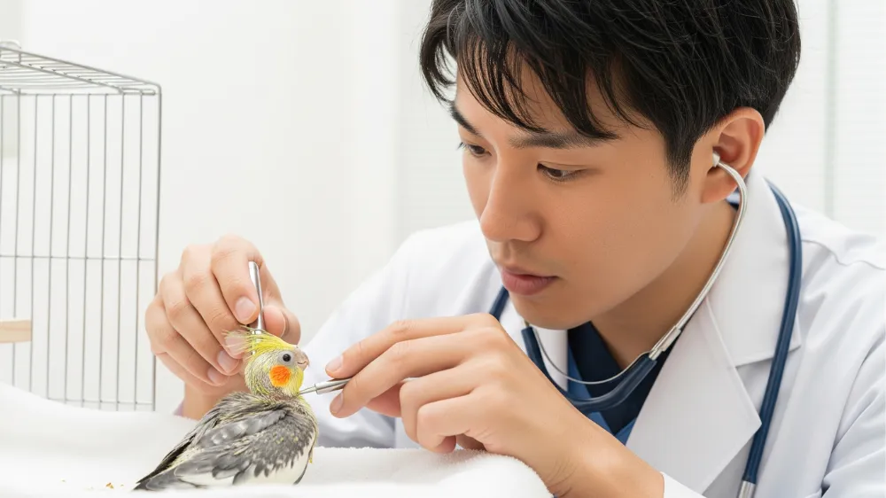 動物病院で獣医師に診察され、聴診器をあてられているオカメインコ