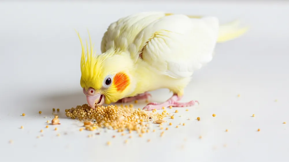床に撒かれた粟の穂やペレットをオカメインコ雛がついばみ、一人餌の練習をしている。